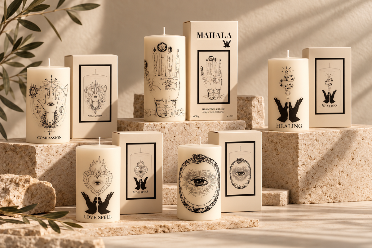 A collection of cream-colored wax candles and their matching boxes, decorated with black spiritual and mystical illustrations such as a heart, eye of providence, and hand. The candles are arranged on textured stone blocks with soft shadows cast across the scene.